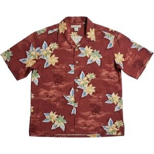 Paradise Blue Mens Medium Red 100% Silk Tropical Floral Short Sleeve Camp Shirt